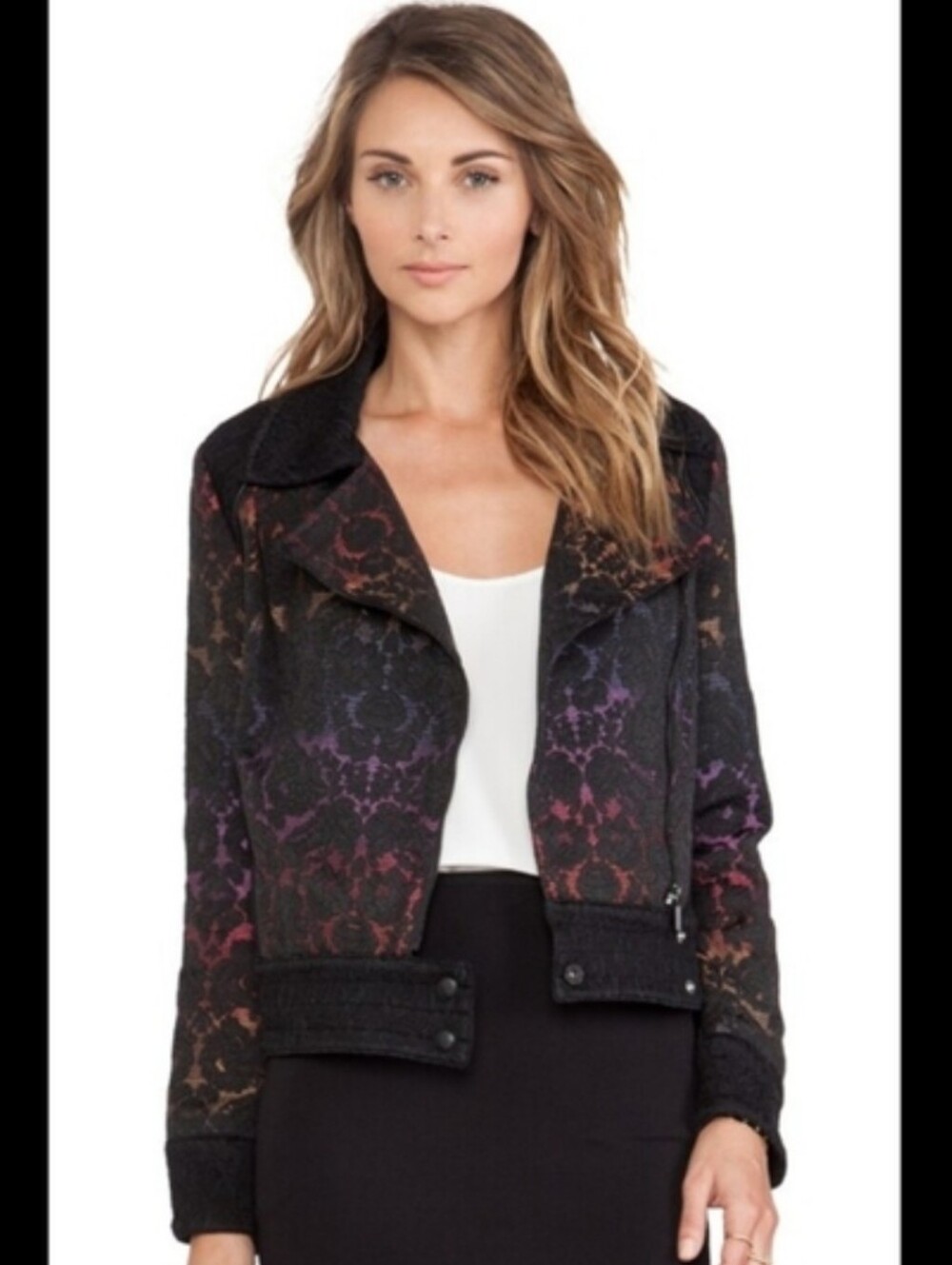 Marchesa Voyage Degrade Rainbow Black Lace Patterned Moto Jacket